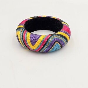 Handmade Yarn-Woven African Abstract Bangle Bracelet Colorful Yellow Blue Pink